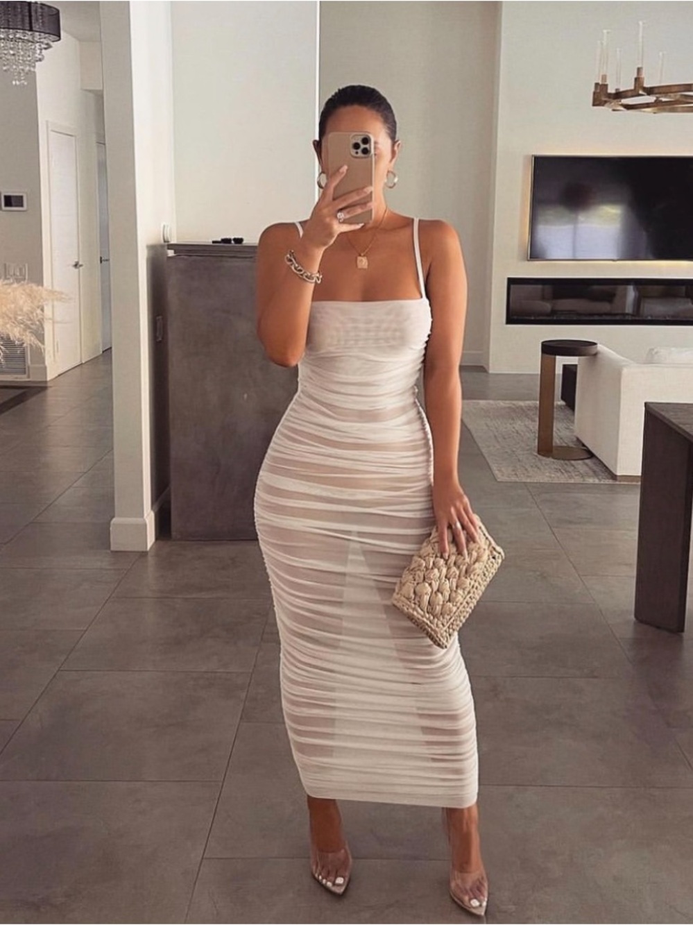 JLUXLABEL Sheer Ruched White Skirt - CAN BE WORN AS BIKINI COVER - Picture 3 of 7